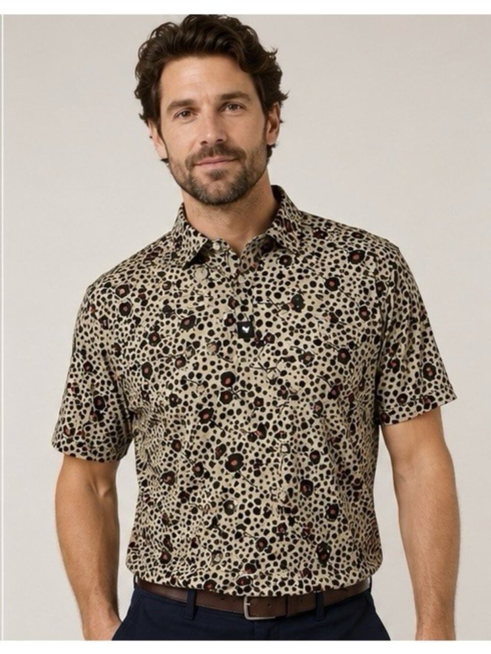 Bad Birdie Men’s XL Golf Polo Beige Black Red Floral Stretch Performance Shirt